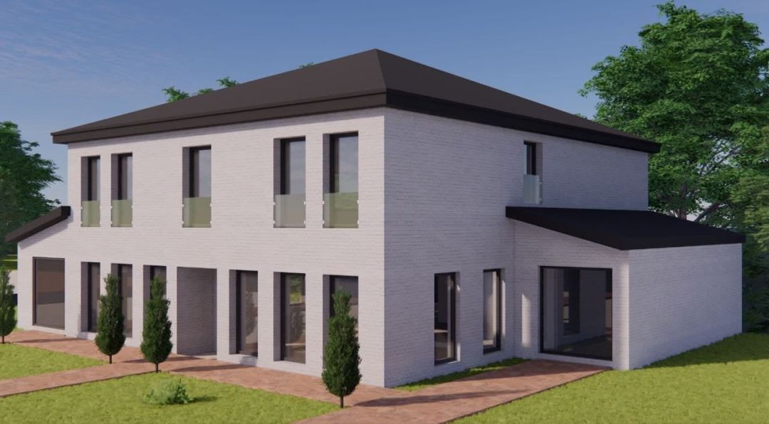 Visualisierung des Wohnhauses mit angesetztem eingeschossigem Bauteil und umlaufendem Plattenweg