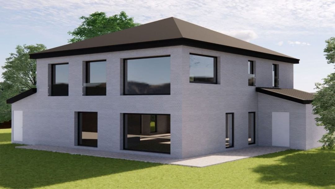 Visualisierung der geschlossenen Gebäudeseite mit großen Fensteröffnungen im Obergeschoss